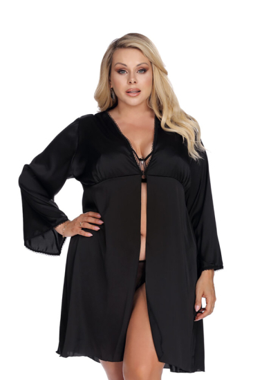 gorgeous+ Laura robe кружевной черный пеньюар из элегантного матового атласа с длинными расклешенными рукавами